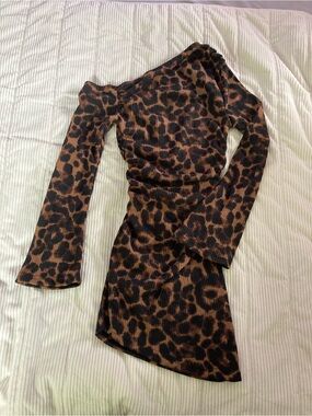 SHEIN Brown and Black Leopard One-Shoulder Bodycon Dress
